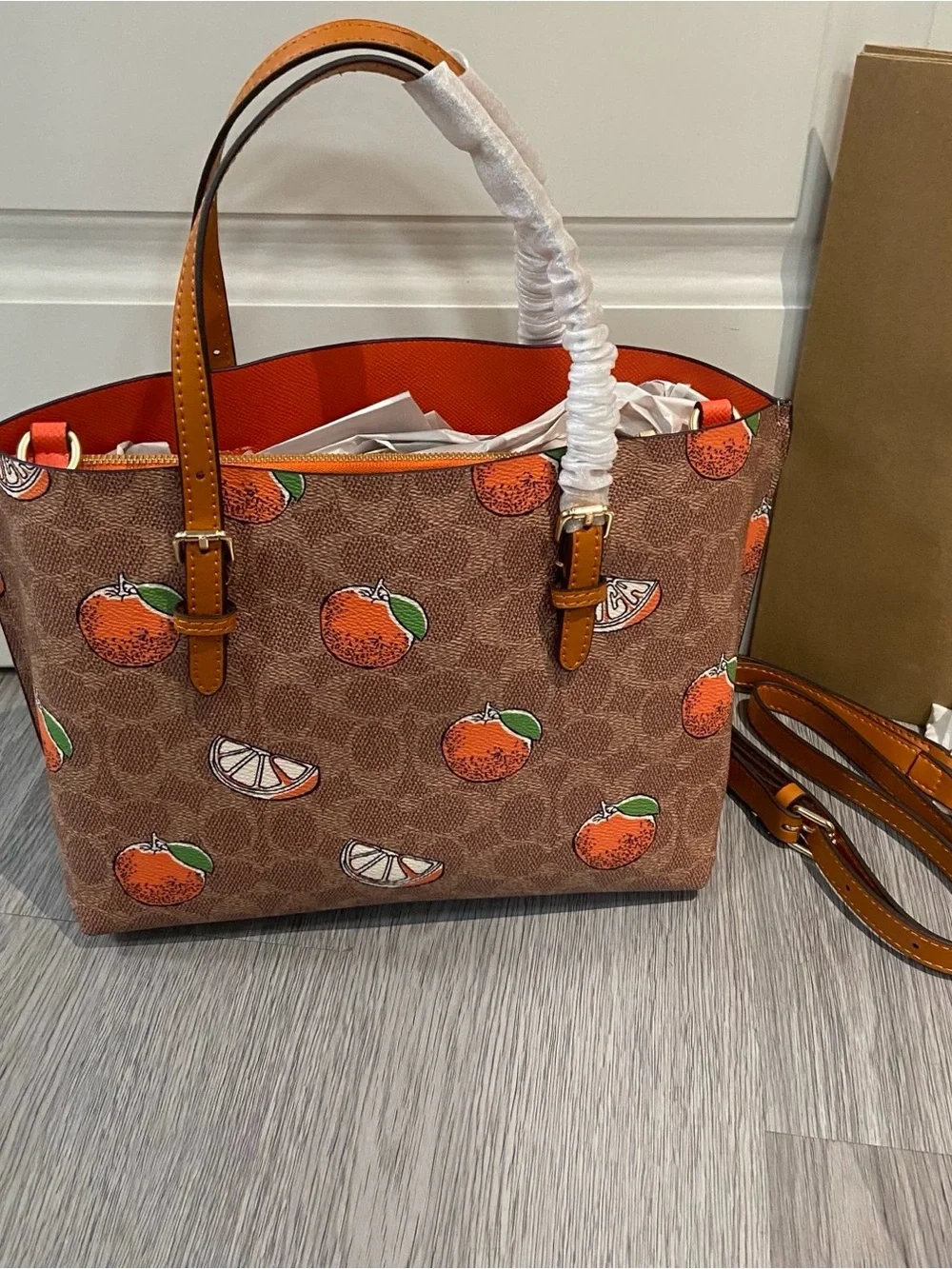Coach Brown Monogram Tote with Orange Fruit Print